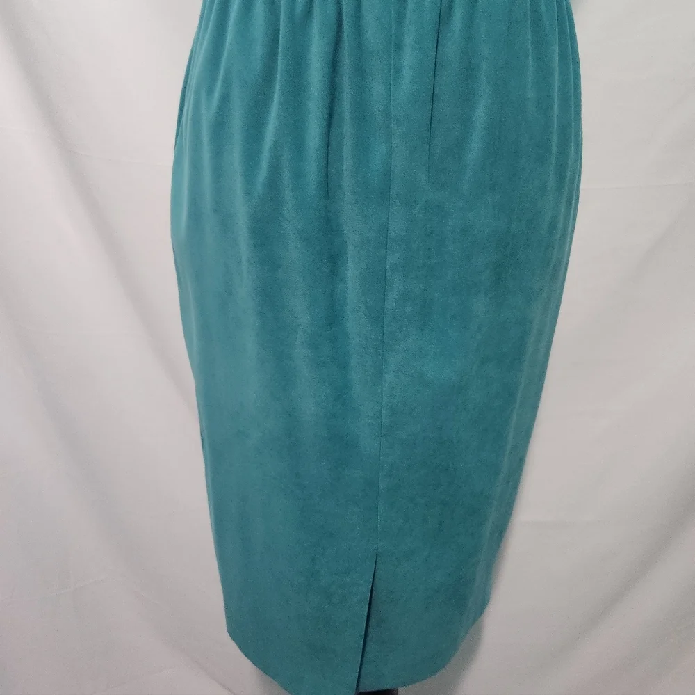 Vintage Leslie Fay Turquoise Velvet Skirt Suit Jacket Set W Gold Buttons Size 6P